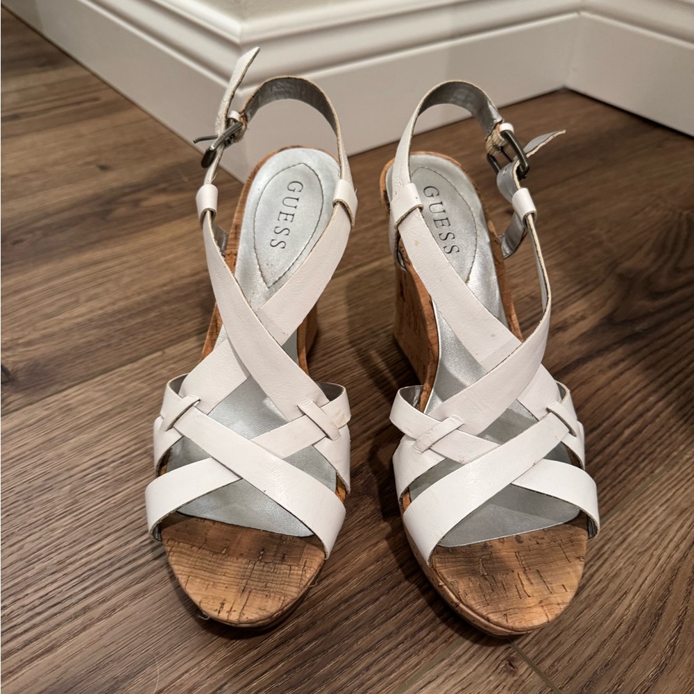 Guess White Leather and Cork Wedges